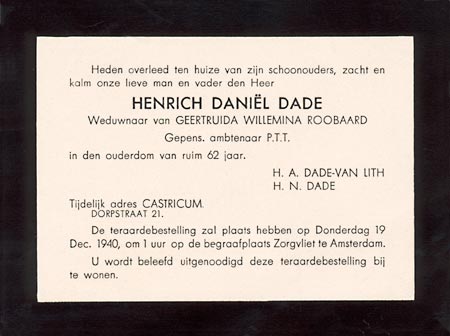 Overlijdenskaart H.D. Dade