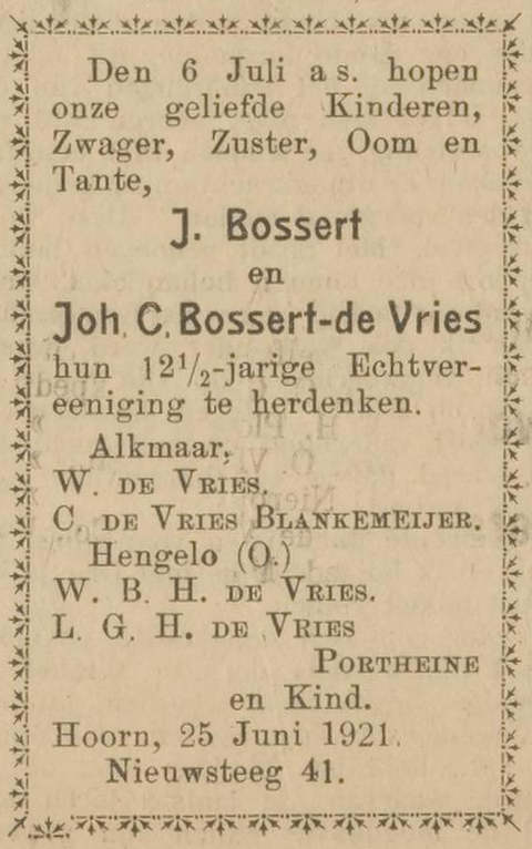 Advertentie jub. Bossert-de Vries