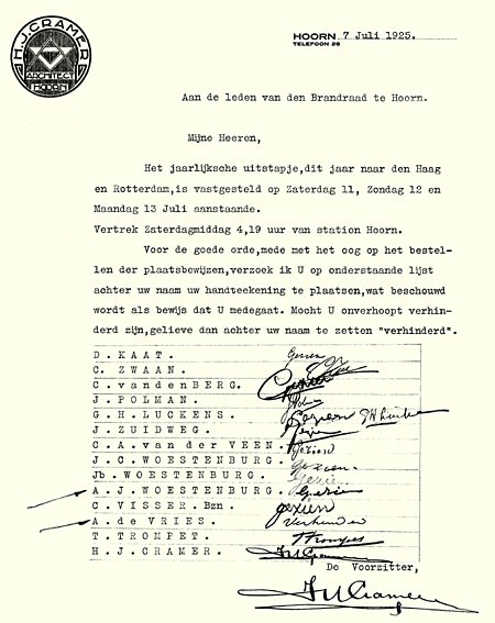 Brief Uitje Brandraad, 1925