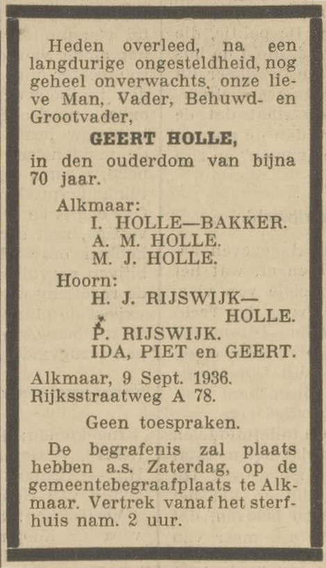 Advertentie Overlijden G. Holle