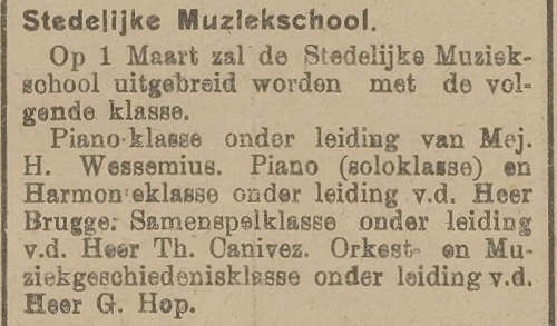 Persbericht Muziekschool - G. Hop, 1917