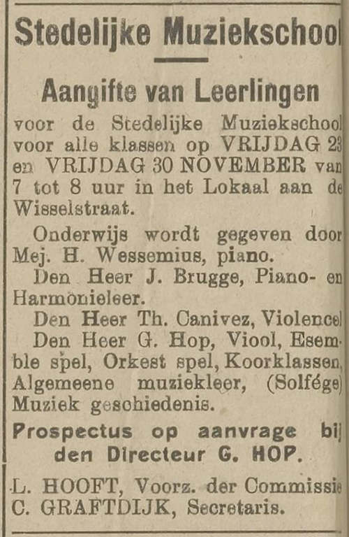 Advertentie Muziekschool - G. Hop, 1917