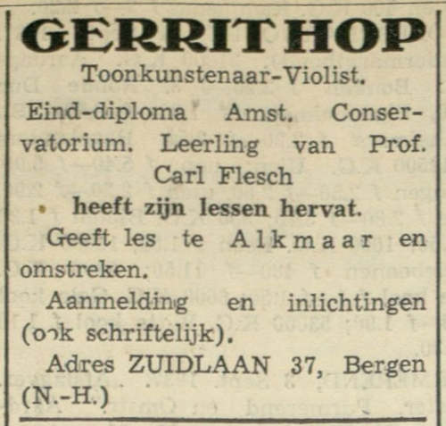 Advertentie G. Hop, 1937
