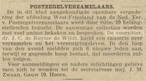 Persbericht Postzegelverzamelaars - JC de Ruyter de Wildt