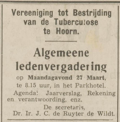 Advertentie Tuberculosebestrijding - JC de Ruyter de Wildt