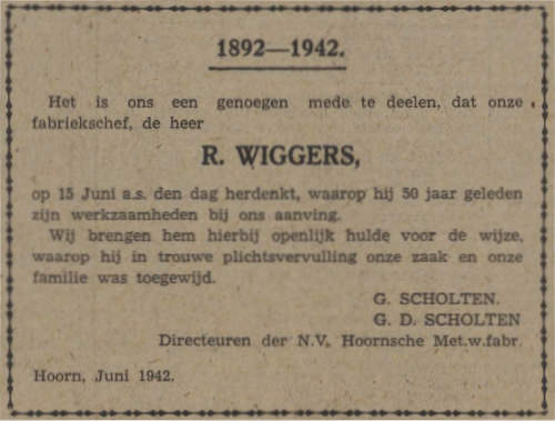 Advertentie jubileum Wiggers