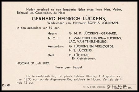 Overlijdenskaart G.H.Lückens